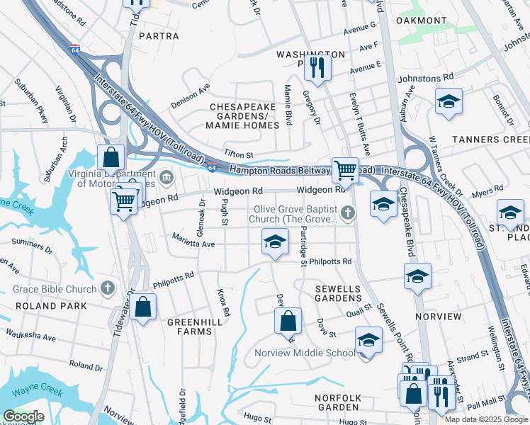 map of restaurants, bars, coffee shops, grocery stores, and more near 955 Wolcott Avenue in Norfolk