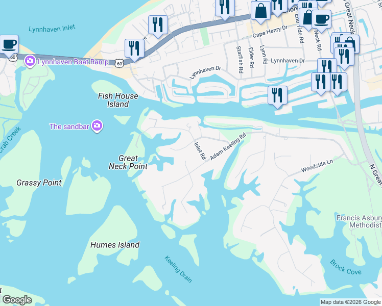 map of restaurants, bars, coffee shops, grocery stores, and more near 3105 Inlet Road in Virginia Beach