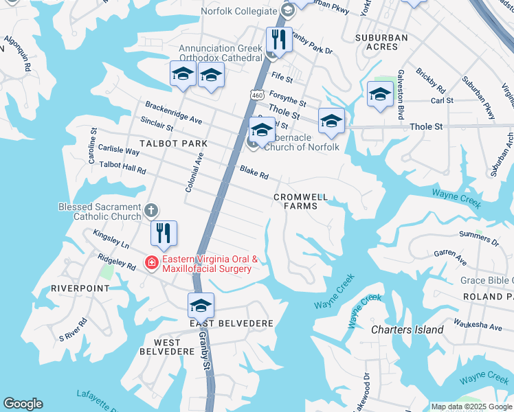 map of restaurants, bars, coffee shops, grocery stores, and more near 148 Fayton Avenue in Norfolk