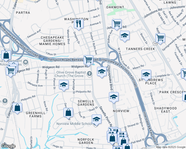map of restaurants, bars, coffee shops, grocery stores, and more near 6800 Sewells Point Road in Norfolk