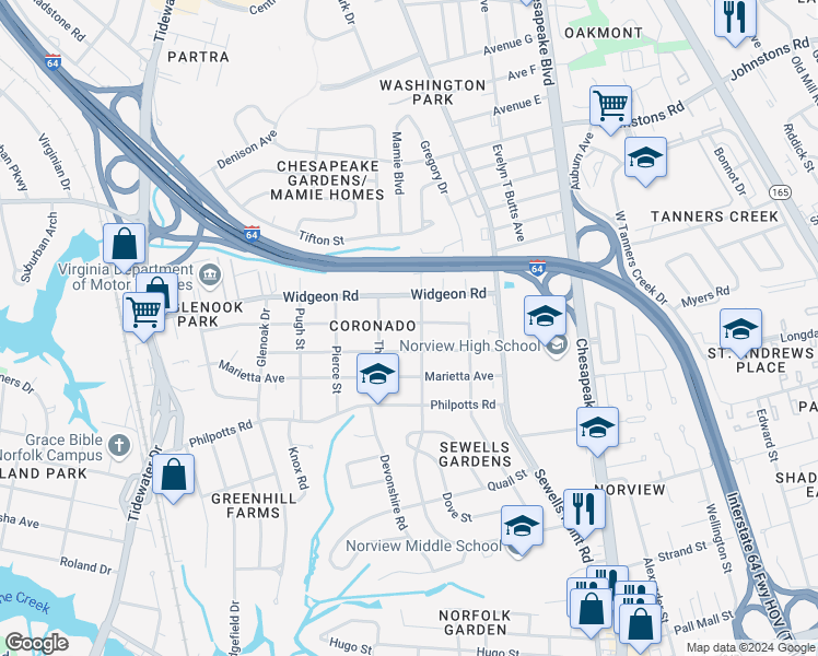map of restaurants, bars, coffee shops, grocery stores, and more near 981 Wolcott Avenue in Norfolk