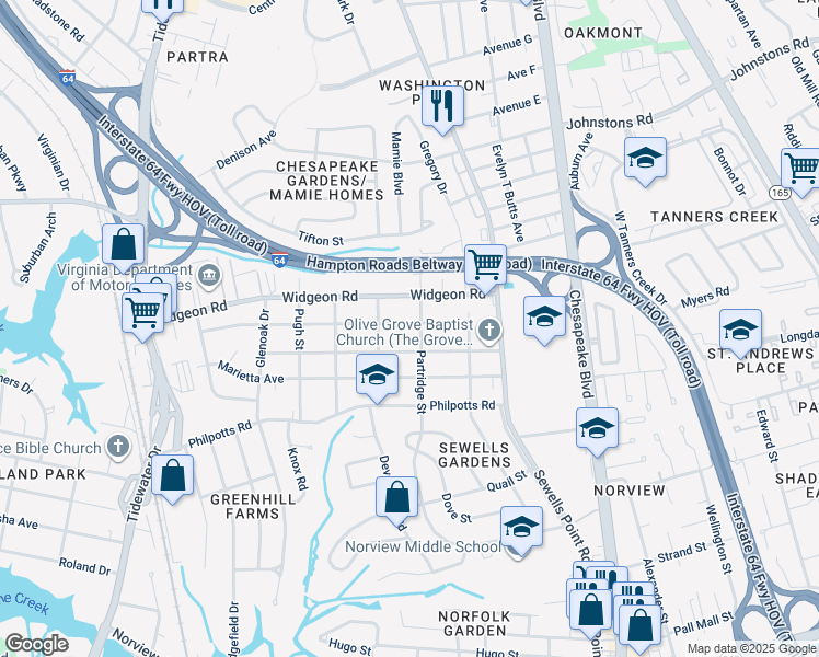 map of restaurants, bars, coffee shops, grocery stores, and more near 981 Wolcott Avenue in Norfolk