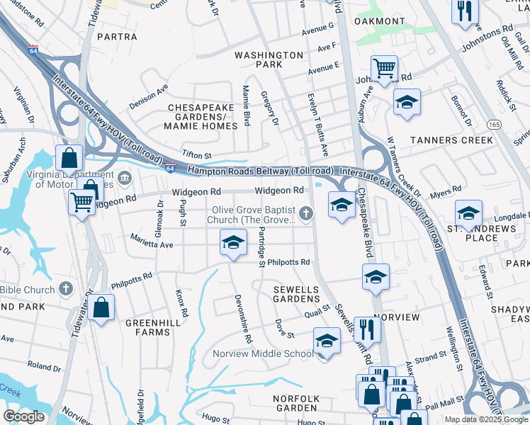 map of restaurants, bars, coffee shops, grocery stores, and more near 1008 Wolcott Avenue in Norfolk