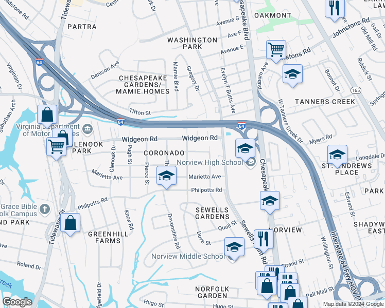 map of restaurants, bars, coffee shops, grocery stores, and more near 1005 Wolcott Avenue in Norfolk
