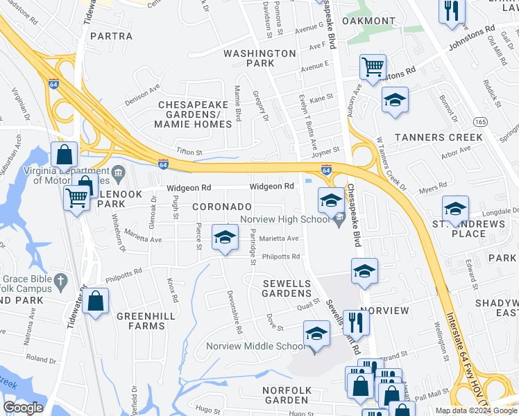 map of restaurants, bars, coffee shops, grocery stores, and more near 1005 Wolcott Avenue in Norfolk