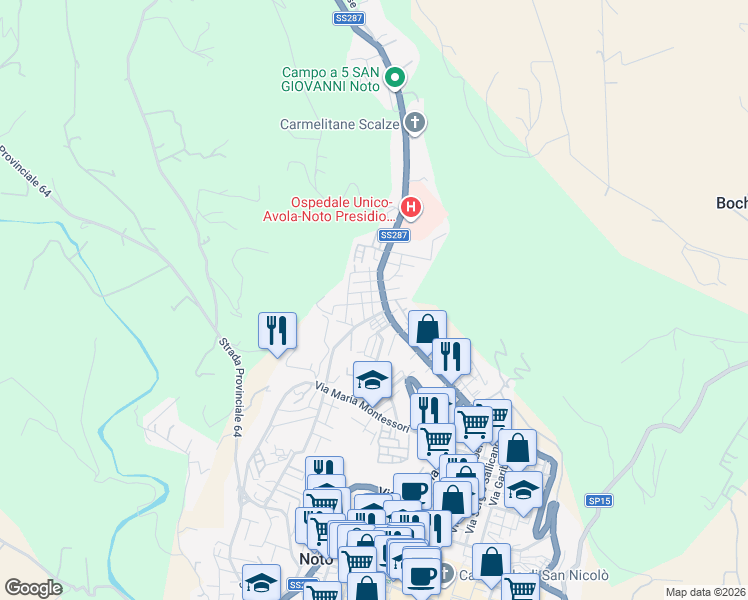 map of restaurants, bars, coffee shops, grocery stores, and more near 10 Via Luigi Pirandello in Noto