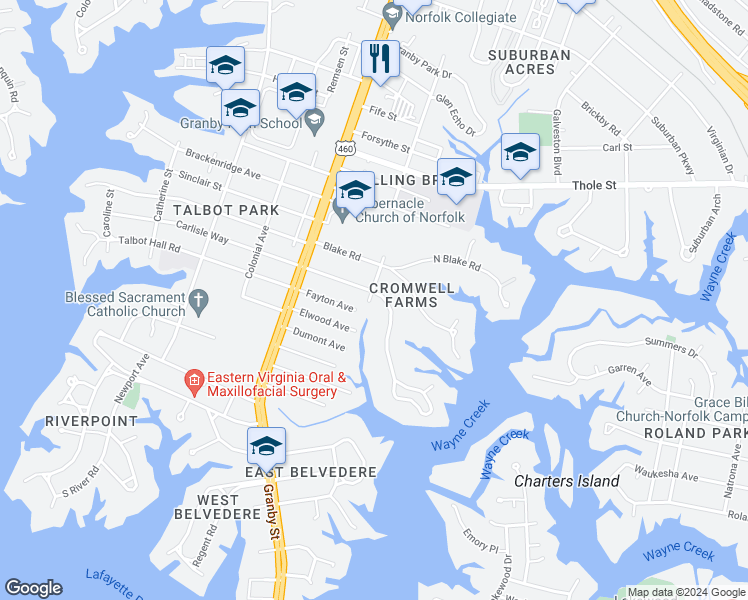 map of restaurants, bars, coffee shops, grocery stores, and more near 201 Sir Oliver Road in Norfolk