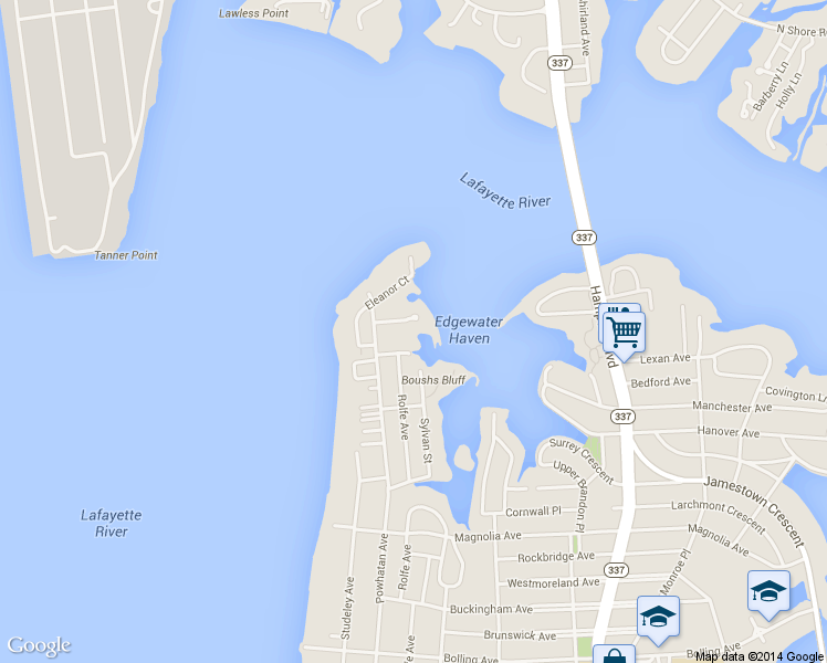 map of restaurants, bars, coffee shops, grocery stores, and more near 1503 Powhatan Court in Norfolk