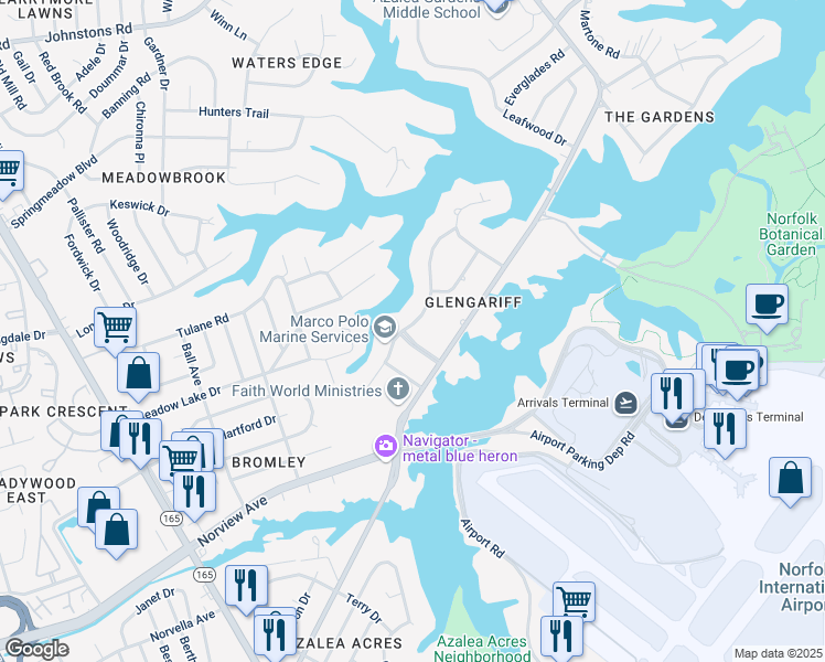 map of restaurants, bars, coffee shops, grocery stores, and more near 2112 Carriage Lane in Norfolk