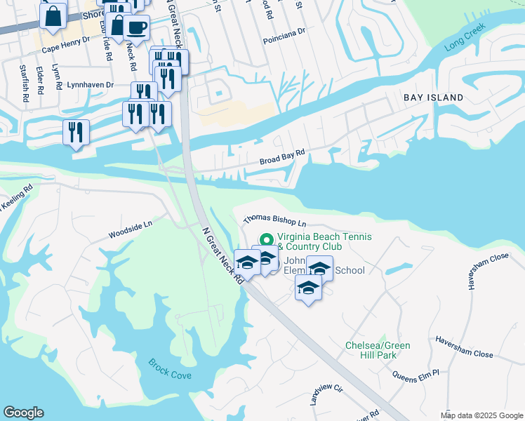 map of restaurants, bars, coffee shops, grocery stores, and more near 2025 Thomas Bishop Lane in Virginia Beach