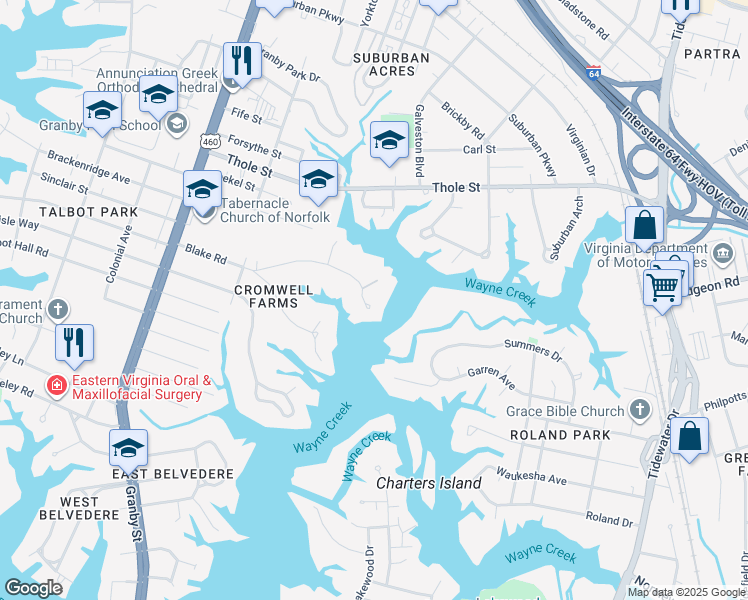 map of restaurants, bars, coffee shops, grocery stores, and more near 270 North Blake Road in Norfolk