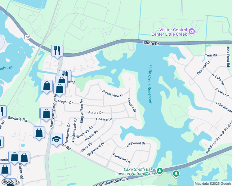 map of restaurants, bars, coffee shops, grocery stores, and more near 5524 Forest View Drive in Virginia Beach