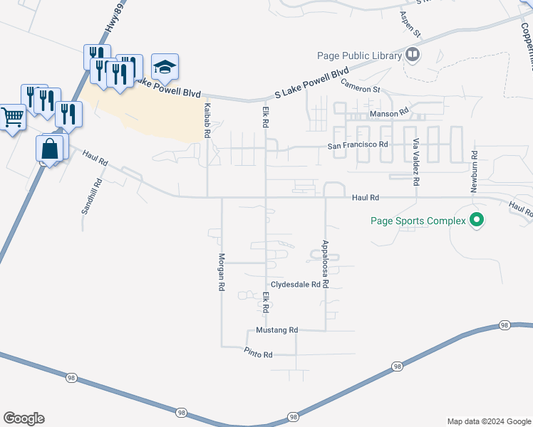 map of restaurants, bars, coffee shops, grocery stores, and more near 207 Elk Road in Page
