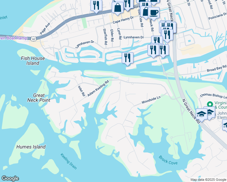 map of restaurants, bars, coffee shops, grocery stores, and more near 1928 West Twin Cove Road in Virginia Beach