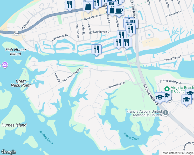 map of restaurants, bars, coffee shops, grocery stores, and more near 1820 Keelingwood Lane in Virginia Beach