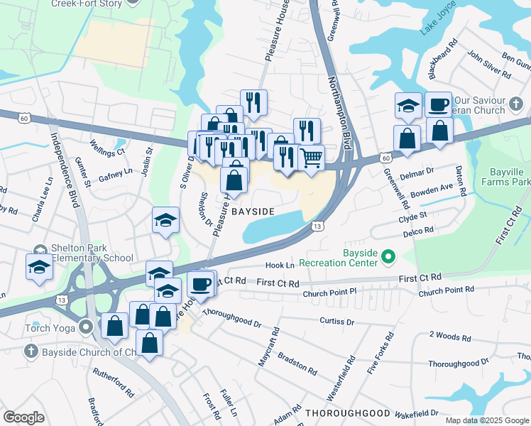 map of restaurants, bars, coffee shops, grocery stores, and more near 4737 Victory Road in Virginia Beach