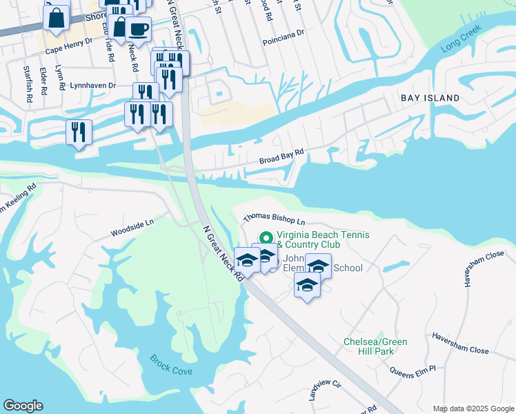 map of restaurants, bars, coffee shops, grocery stores, and more near 2021 Thomas Bishop Lane in Virginia Beach