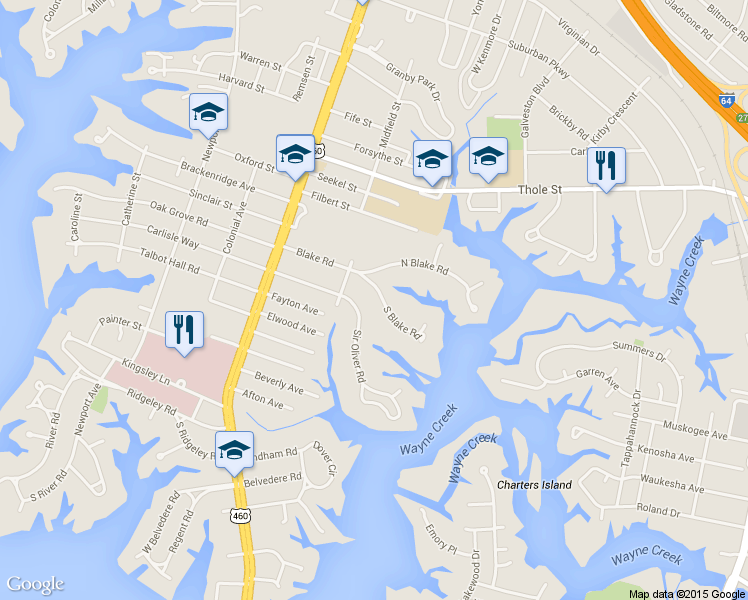 map of restaurants, bars, coffee shops, grocery stores, and more near 213 S Blake Rd in Norfolk