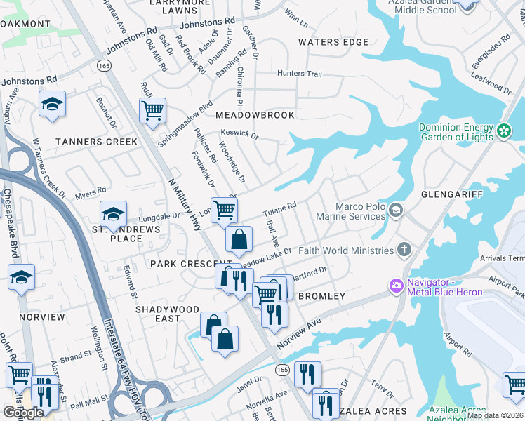 map of restaurants, bars, coffee shops, grocery stores, and more near 1730 Tulane Road in Norfolk
