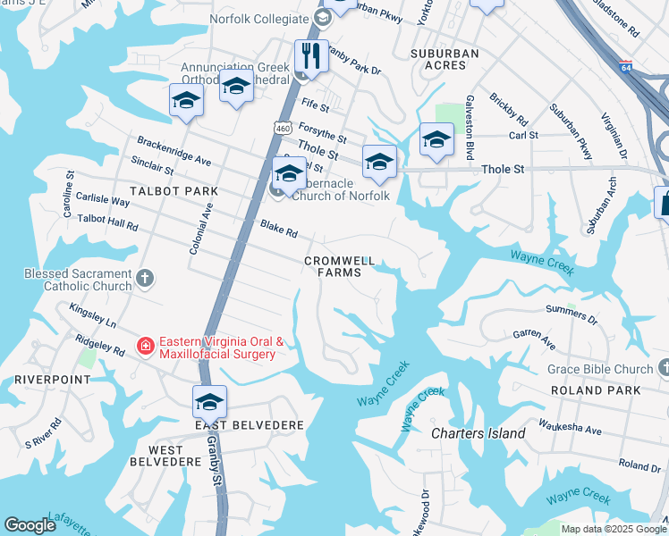 map of restaurants, bars, coffee shops, grocery stores, and more near 213 South Blake Road in Norfolk