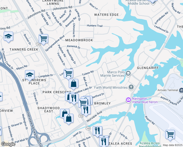 map of restaurants, bars, coffee shops, grocery stores, and more near 6447 Crafford Avenue in Norfolk