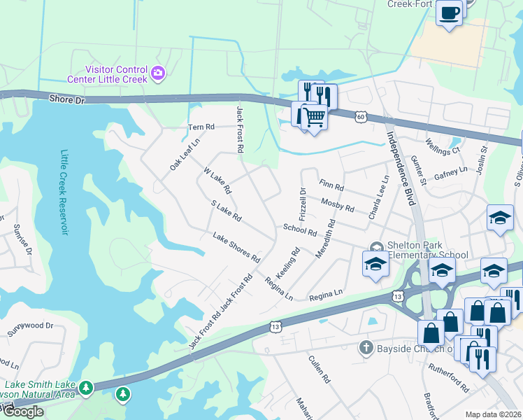 map of restaurants, bars, coffee shops, grocery stores, and more near 1813 Jack Frost Road in Virginia Beach