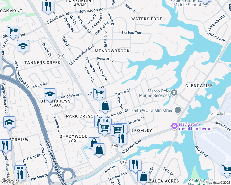 map of restaurants, bars, coffee shops, grocery stores, and more near 1730 Tulane Road in Norfolk
