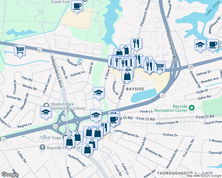 map of restaurants, bars, coffee shops, grocery stores, and more near 4821 Sheldon Drive in Virginia Beach