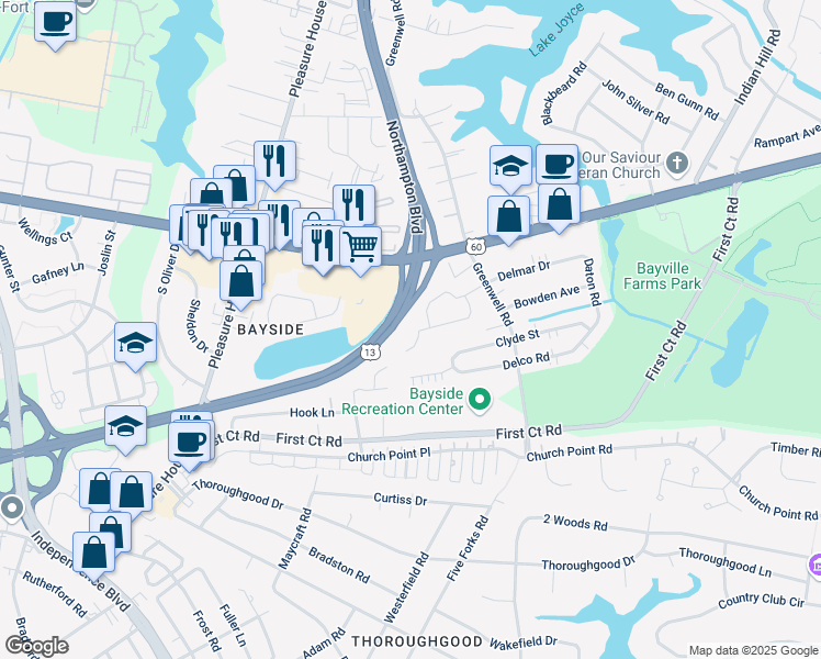 map of restaurants, bars, coffee shops, grocery stores, and more near 4548 James Court in Virginia Beach