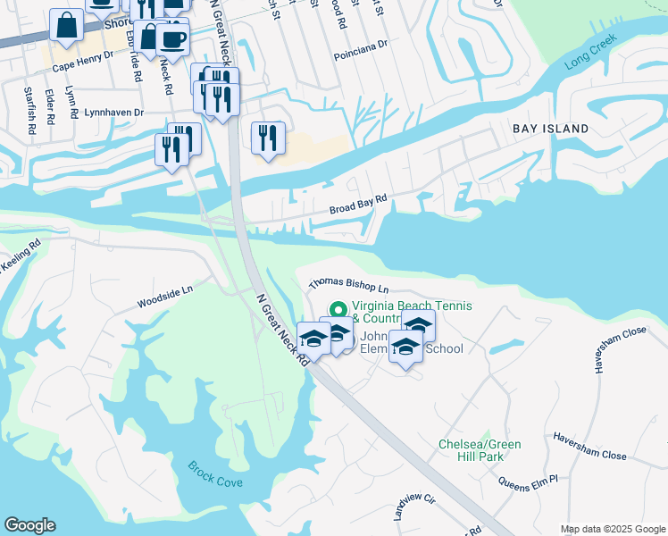 map of restaurants, bars, coffee shops, grocery stores, and more near 2025 Thomas Bishop Lane in Virginia Beach