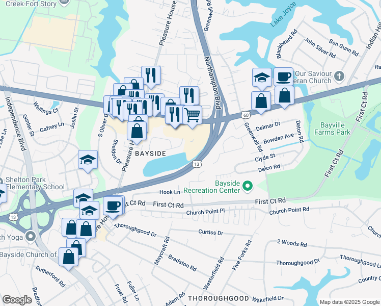map of restaurants, bars, coffee shops, grocery stores, and more near 4629 Shore Drive in Virginia Beach