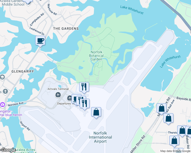 map of restaurants, bars, coffee shops, grocery stores, and more near 6700 Azalea Garden Road in Norfolk