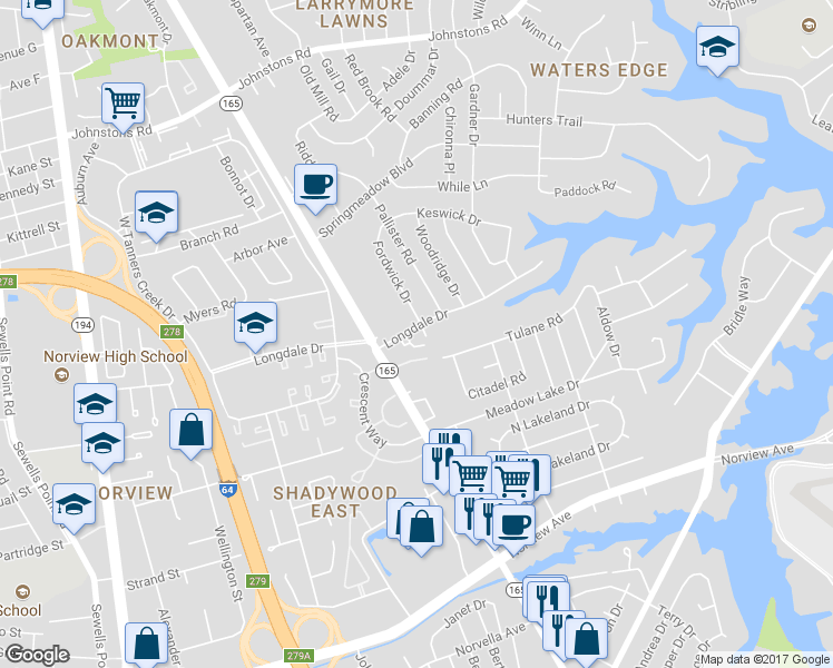 map of restaurants, bars, coffee shops, grocery stores, and more near 1531 Longdale Drive in Norfolk