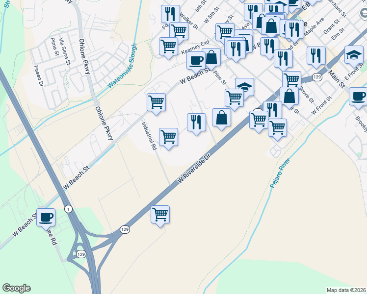 map of restaurants, bars, coffee shops, grocery stores, and more near 345 Harvest Drive in Watsonville