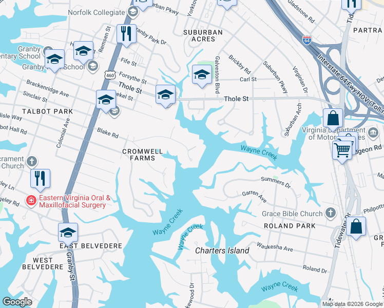 map of restaurants, bars, coffee shops, grocery stores, and more near 270 North Blake Road in Norfolk