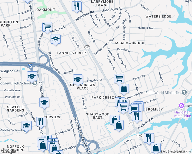 map of restaurants, bars, coffee shops, grocery stores, and more near 6701 East Tanners Creek Drive in Norfolk