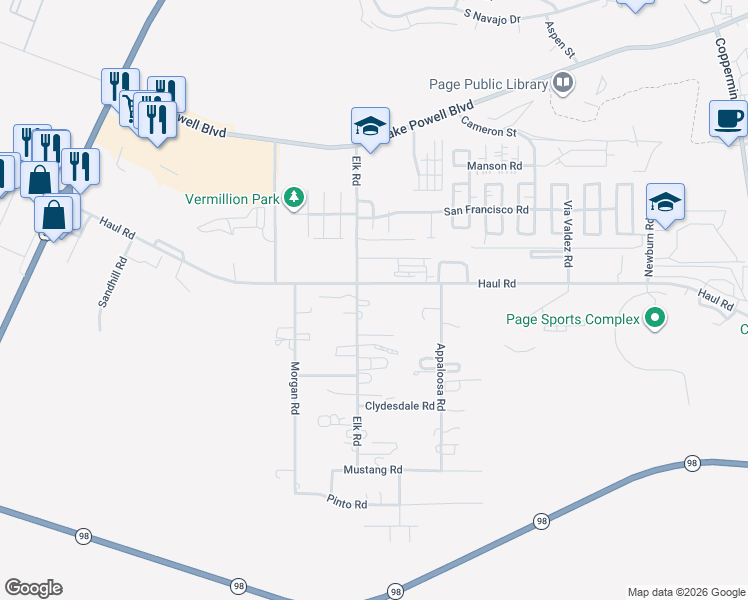 map of restaurants, bars, coffee shops, grocery stores, and more near 201 Elk Road in Page