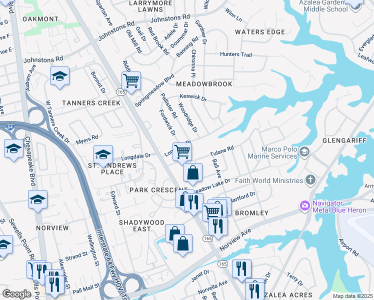 map of restaurants, bars, coffee shops, grocery stores, and more near 6612 Fordwick Drive in Norfolk