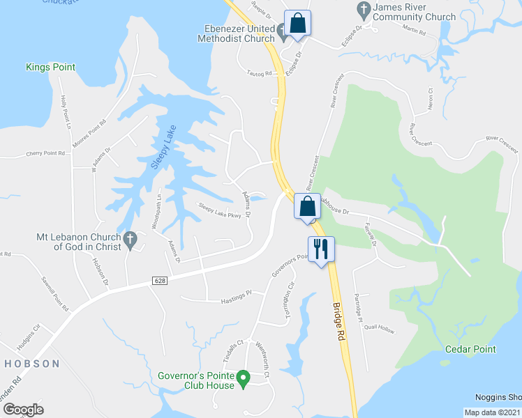 map of restaurants, bars, coffee shops, grocery stores, and more near 1605 Cornus Court in Suffolk