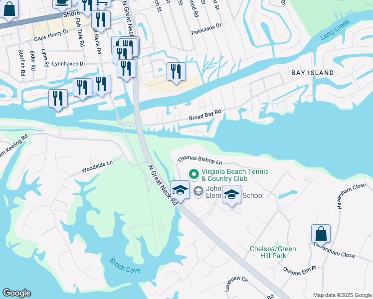 map of restaurants, bars, coffee shops, grocery stores, and more near 2021 Thomas Bishop Lane in Virginia Beach