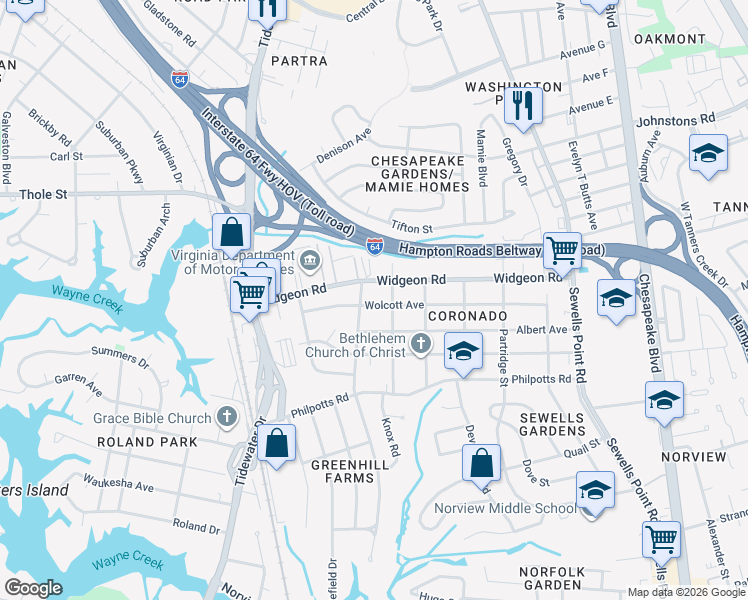 map of restaurants, bars, coffee shops, grocery stores, and more near 908 Wolcott Avenue in Norfolk