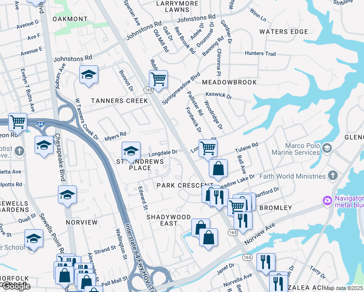 map of restaurants, bars, coffee shops, grocery stores, and more near Virginia 165 in Norfolk