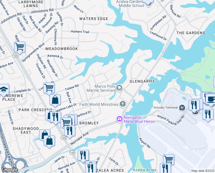 map of restaurants, bars, coffee shops, grocery stores, and more near 2037 Meadow Lake Court in Norfolk