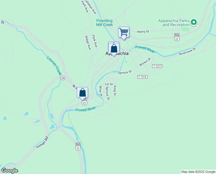map of restaurants, bars, coffee shops, grocery stores, and more near 309 Spruce Street in Appalachia