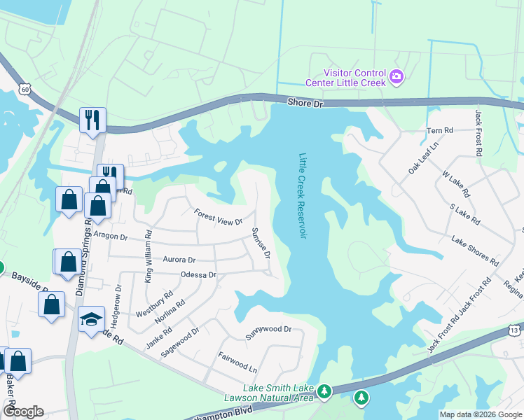 map of restaurants, bars, coffee shops, grocery stores, and more near 1900 Sunrise Drive in Virginia Beach