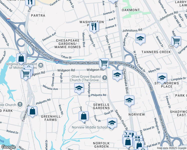 map of restaurants, bars, coffee shops, grocery stores, and more near 1008 Wolcott Avenue in Norfolk