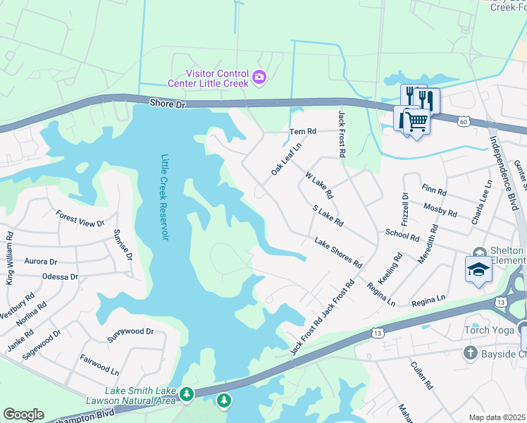 map of restaurants, bars, coffee shops, grocery stores, and more near 5173 Lake Shores Road in Virginia Beach