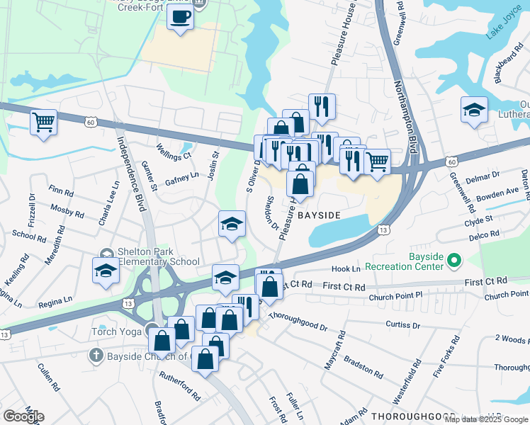 map of restaurants, bars, coffee shops, grocery stores, and more near 4821 Sheldon Drive in Virginia Beach