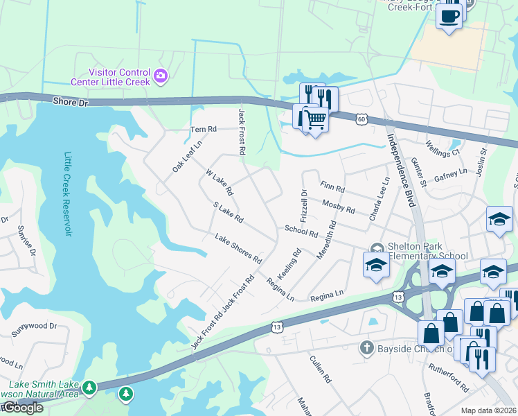 map of restaurants, bars, coffee shops, grocery stores, and more near 1813 Jack Frost Road in Virginia Beach