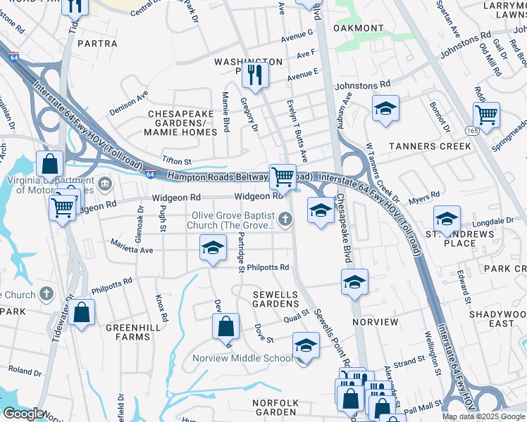 map of restaurants, bars, coffee shops, grocery stores, and more near 1008 Wolcott Avenue in Norfolk